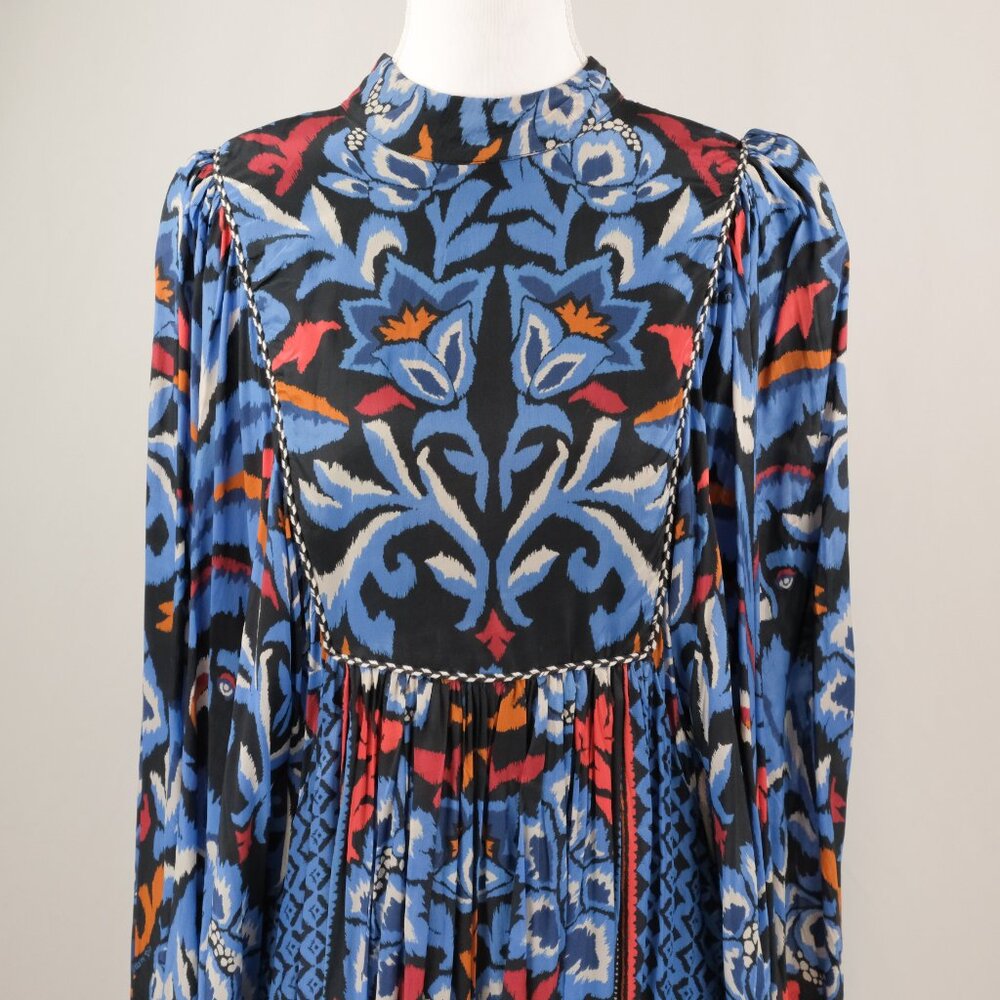 Farm Rio Gathered Printed Crepe de Chine Bishop-Sleeve Maxi Dress, Blue/Red, L - Picture 6 of 14